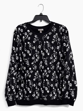 Style & Co Ink Flora Print Fleece Sweatshirt Women’s XL Black Botanical Crewneck